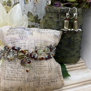 Hand Crafted Silver Lampwork and Crystal Garnet Floral Charm Bracelet